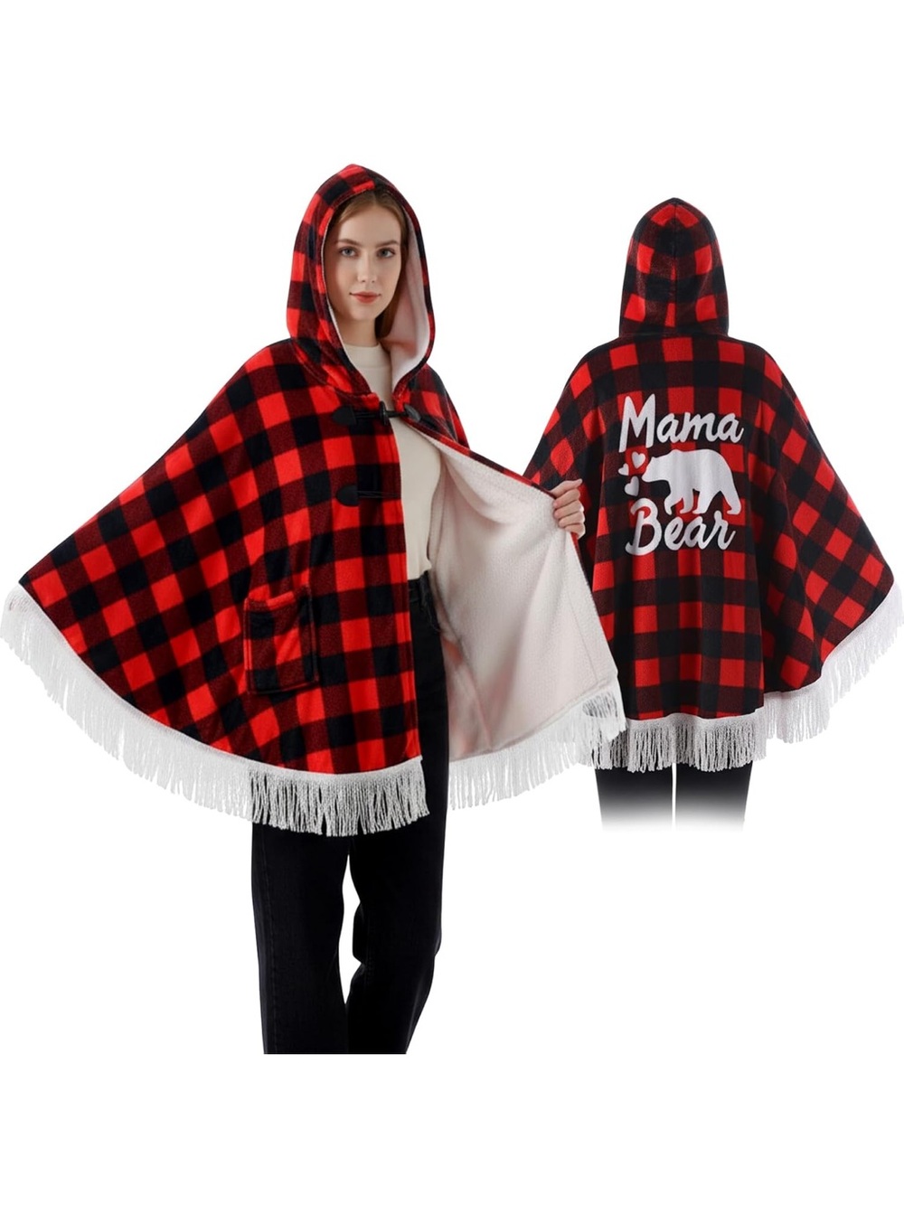 Red & Black Buffalo Plaid Hooded Cape - 'Mama Bear' Graphic wearable blanket